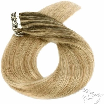 Vlasové PU pásky MINI tape in na prodlužování vlasů 60cm ombré balayage 08/27/60 - světle hnědá / tmavá blond / platina – Zbozi.Blesk.cz