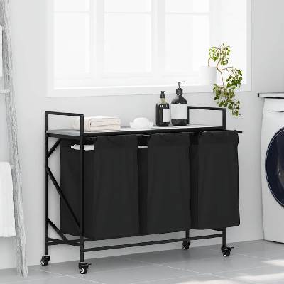 vidaXL Кош за пране с 3 отделения и колелца, сив, цвят Сонома (859093)