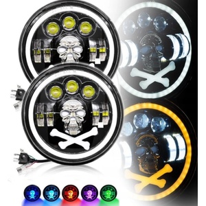  Комплект от 2бр. универсален 7 инча 18см led фар халоген 12v-24v къси/дълги с drl дневни светлини мигач бяло-жълто и череп