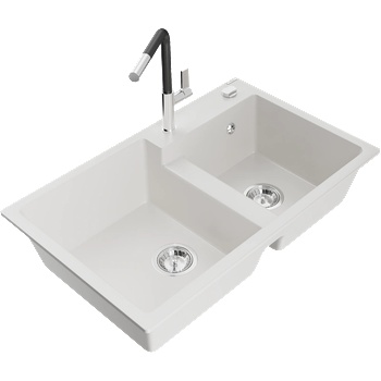 Mexen Tomas гранитна мивка с 2 камери и кухненски смесител Flora, бял - 6516-20-670401-07 (6516-20-670401-07)