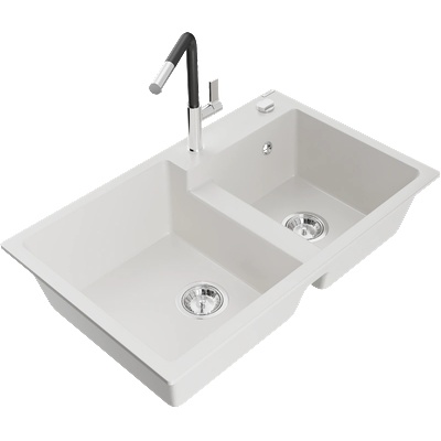 Mexen Tomas гранитна мивка с 2 камери и кухненски смесител Flora, бял - 6516-20-670401-07 (6516-20-670401-07)