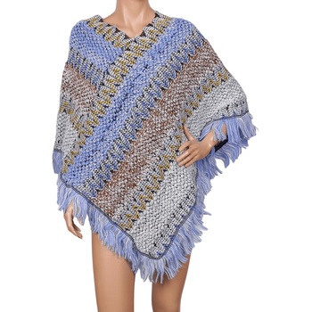 Image 1 of Плетено пончо в синьо и тюркоазено с орнаменти и ресни