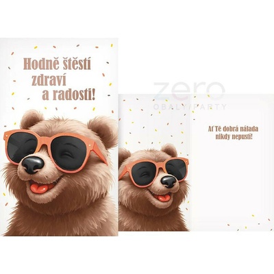 Přání s textem narozeninové + obálka - medvěd