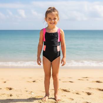 Детски цял бански в черно, розово и коралово