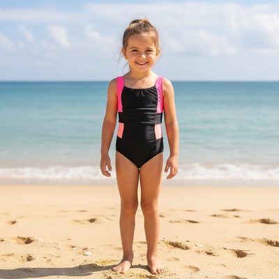 Детски цял бански в черно, розово и коралово