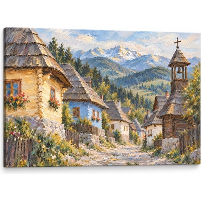 Papilora Obraz dediny Vlkolínec na plátne – s ručne maľovanými detailmi - 90x60 cm
