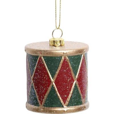 Červeno-zelená vánoční ozdoba vintage buben Ø 6*6 cm Chic Antique
