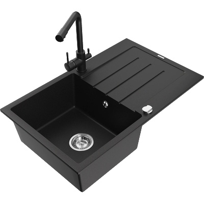 Mexen Bruno кухненска мивка от гранит с 1 камера, отцедник и кухненски смесител Duero, черен - 6513-77-671600-70 (6513-77-671600-70)