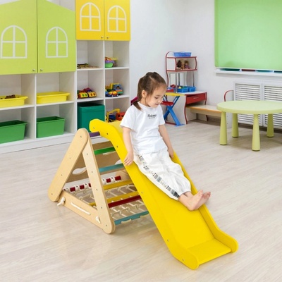 COSTWAY 4 v 1 lezecký trojuholník so šmykľavkou, drevená preliezačka, trojica priečok na šmýkanie a lezenie