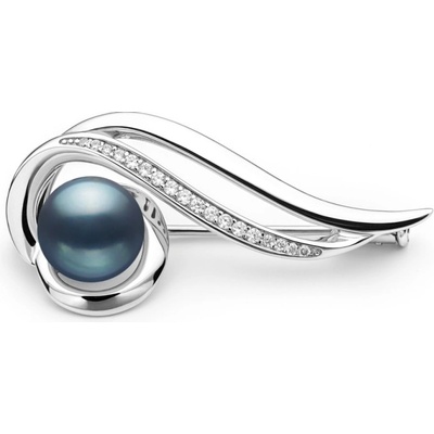 Gaura Pearls stříbrná brož s řiční perlou a zirkony Rachel Black SK21249BR/B černá
