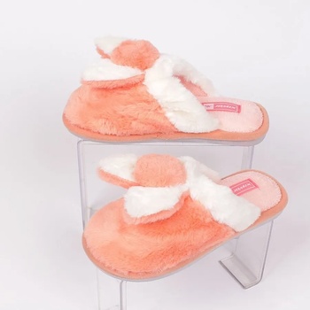 Image 1 of Пухкави дамски пантофи в оранжево и бяло с ушички