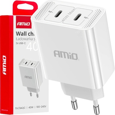 Síťová nabíječka 2xUSB-C 40W Quick Charge 230V AMIO-03892