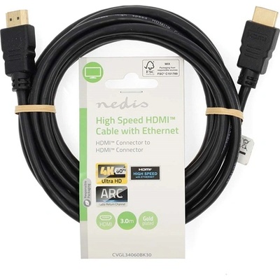 Nedis CVGL34060BK30 ultra HD HDMI кабел, HDMI щепсел - щепсел, 4K60Hz, ARC, 18 Gbps, позлатени конектори, дължина 3 м (CVGL34060BK30)