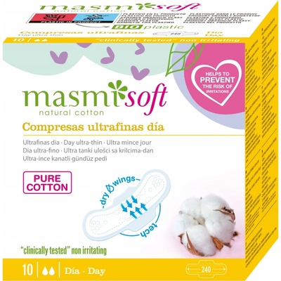Masmi Day Ultra Thin Pads ultratenké denné vložky s krídelkami z organickej bavlny Soft 10 ks