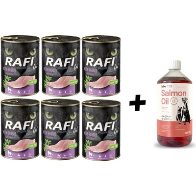 Rafi Adult sterilizovaná s králikom 6 x 400 g a LAB V Lososový olej pre psov a mačky 1 l