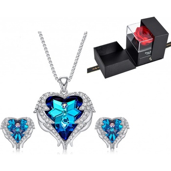 Glory Valentínsky set náhrdelník a náušnice Angel wings mnodrý v darčekovej krabičke s ružou V138