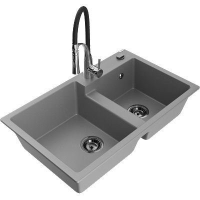 Mexen Tomas гранитна мивка с 2 отделения и кухненски смесител Aster, сива - 6516-71-73450-07-B (6516-71-73450-07-B)
