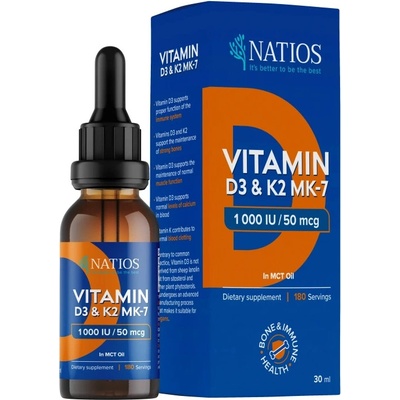Natios Vegan Vitamin D3 & K2 MK-7 1000 IU & 50 mcg Kvapky v MCT oleji 30 ml