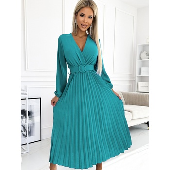 Numoco Плисирана миди рокля с деколте, дълги ръкави и широк колан - морски цвят Numoco VIVIANA numoco | Sin | ЖЕНИ | ONE SIZE