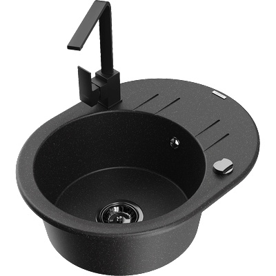 Mexen Kevin еднокоморна гранитна мивка с отцедник и кухненски смесител Rita, черен/сребрист металик - 6517-73-670300-70-B (6517-73-670300-70-B)