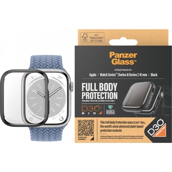 Panzer Стъклен протектор за часовник със силиконова рамка PanzerGlass за Apple watch Series 8 / Series 7, 41 mm, D3O Bio - Черна рамка рамка,