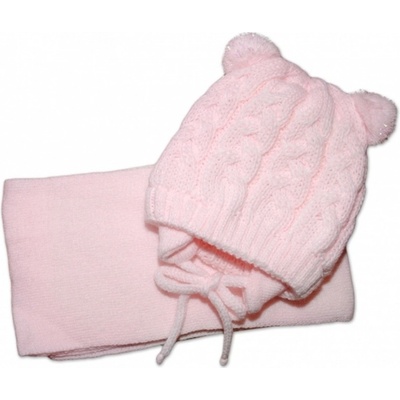 Baby Nellys Zimná pletená čiapočka s šálom TEDDY s brmbolcami sv. ružová