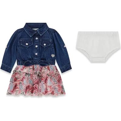 Guess Комбинирана бебешка дънкова рокля с поп-арт тюл и гащички Guess