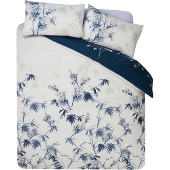 Catherine Lansfield Тъмносиньо/кремаво двойно 3 части спално бельо 200x200 cm Kyoto Floral - Catherine Lansfield (BD/43144/W/DQS/BL)