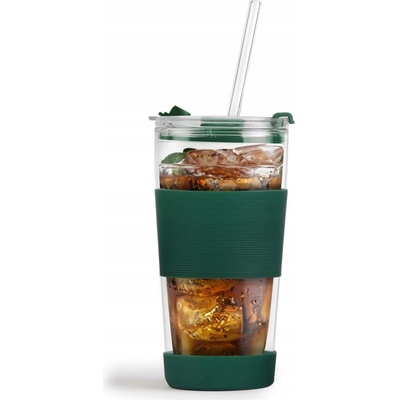 Vialli Design Termohrnek skleněný s brčkem Fuori zelený 600 ml