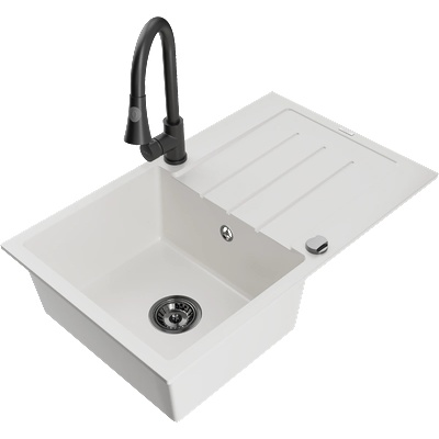 Mexen Bruno гранитна мивка с 1 отделение с отцедник и кухненски смесител Elia, бял - 6513-20-670101-70 (6513-20-670101-70)