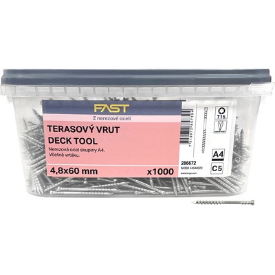 Vruty terasové FAST Decking Screw 4,8x60 Nerez A4, TX15, vč. prodlouženého bitu (1000 ks)