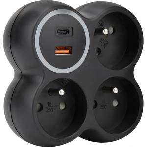 Solight P106CB-PD20 - Разклонител с 3 контакта 15 A и USB A + USB-C, черен (SL1713)