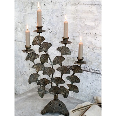 Mosazný antik kovový svícen s listy Ginkgo Old French - 34*14*46 cm - Chic Antique