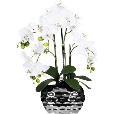 Umelá orchidea phalaenopsis 4 výhonky 55 cm biela v oválnej striebornej váze 20x11x13 cm