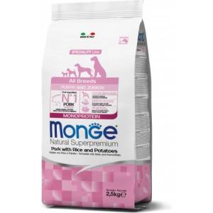 Monge Natural Superpremium All breeds Puppy and Junior Monoprotein Pork with Rice and Potatoes - пълноценна суха храна за подрастващи кученца от всички породи със свинско, ориз и картофи - 2, 5 кг, Италия -
