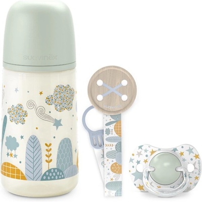 Suavinex sada láhev 270ml + dudlík fyziologický + klip Dreams zelená