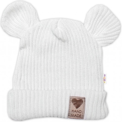 Baby Nellys pletená bavlněná čiapka s uškami dvojvrstvová biela