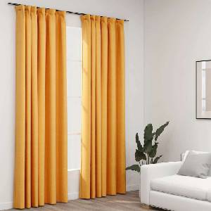 Pure Line Home Завеси с ленена текстура в цвят горчица с перделък, 2 бр. , 140 x 245 см