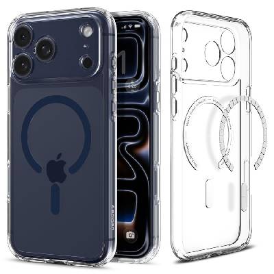 Удароустойчив кейс с MagSafe пръстен за iPhone 17 Pro Max от Spigen Ultra Hybrid Mag - Clear / Deep Blue (8800337242409)