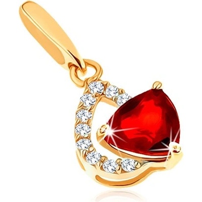 Šperky Eshop Přívěsek ze žlutého 14K zlata čirý zirkonový obrys slzy červený granát S2GG90.37