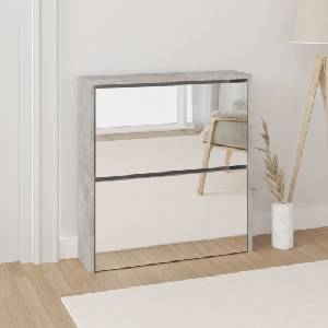 vidaXL Шкаф за обувки с огледало, 2 нива, бетонно сив, 63x17x67 см (342630)