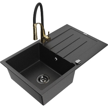 Mexen Bruno гранитна мивка с 1 корито с отцедник и кухненски смесител Aster, черен/сребрист металик - 6513-73-73450-57-B (6513-73-73450-57-B)