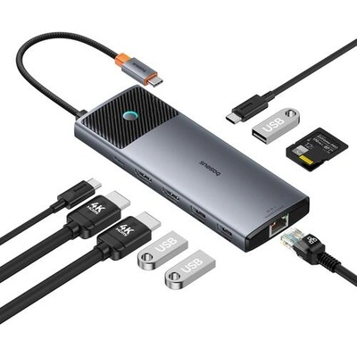 Baseus USB хъб Baseus 10 в 1 Metal Gleam II Series Type-C към 2xHDMI, USB-C, 3xUSB-A, RJ45, SD/TF, USB-C(PD) B00061800813-01 - сив (B00061800813-01_VZ)