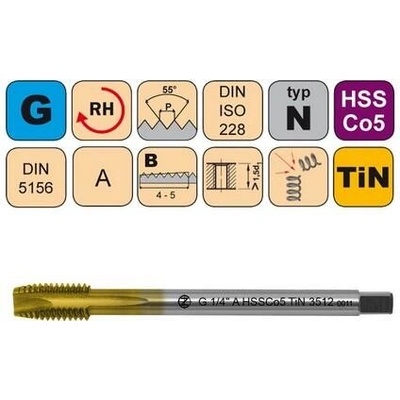 NÁSTROJE CZ Závitník strojní G2" A HSSCo5 TiN DIN 5156 B - 3512 - CZZ3512-G2"-A