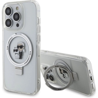 KARL LAGERFELD Ringstand Karl and Choupette MagSafe Case - хибриден удароустойчив кейс с MagSafe за iPhone 15 Pro Max (бял-прозрачен)