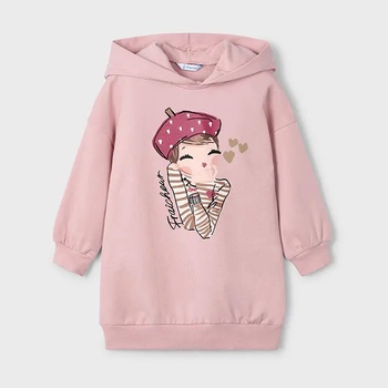 Mayoral Спортна рокля плюш с качулка в светло розов цвят с цветна щампа за мини момиче Mayoral