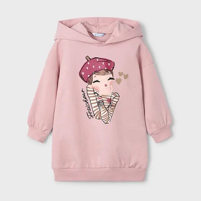 Mayoral Спортна рокля плюш с качулка в светло розов цвят с цветна щампа за мини момиче Mayoral