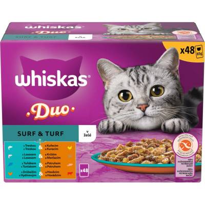 Whiskas 1+ Duo Surf and Turf krmivo pro dospělé kočky v želé 36+12 zdarma × 85 g