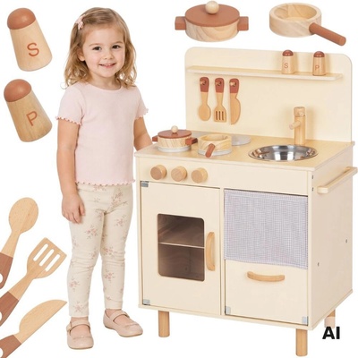 TOOKY TOY Drevená detská kuchynka béžová s príslušenstvom