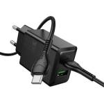 hoco. N71 Променливотоково зарядно устройство USB+Type-C гнездо 30W, PD бързо зарядно устройство 3.0 + Type-C кабел, ЧЕРНО N71_TYPEC_B (N71_TYPEC_B)